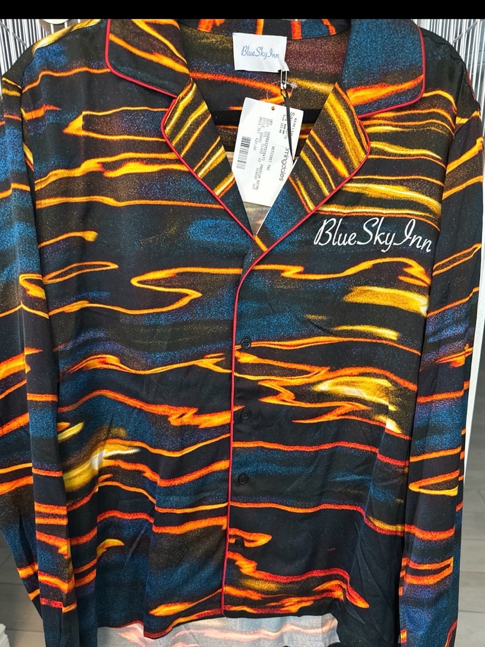 Blue Sky Multicolor Black Satin Button-Up with Flame Stripes